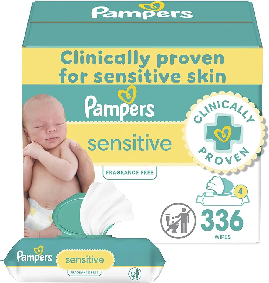 Pampers Baby Wipes Sensitive, Water Based Baby Wipes, Hypoallergenic and Unscented Baby Wipes, 336 Wipes Total (4 Flip-Top Packs)