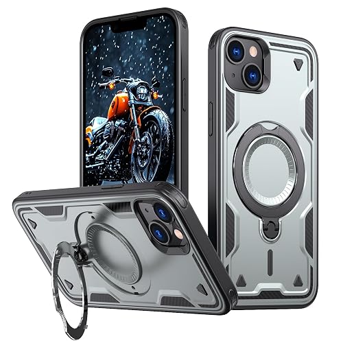 Mobirush Bumper Magnetic Attraction Ring Holder and 360° Protection Rotate Stand Case for iPhone 14 Plus (Silver)
