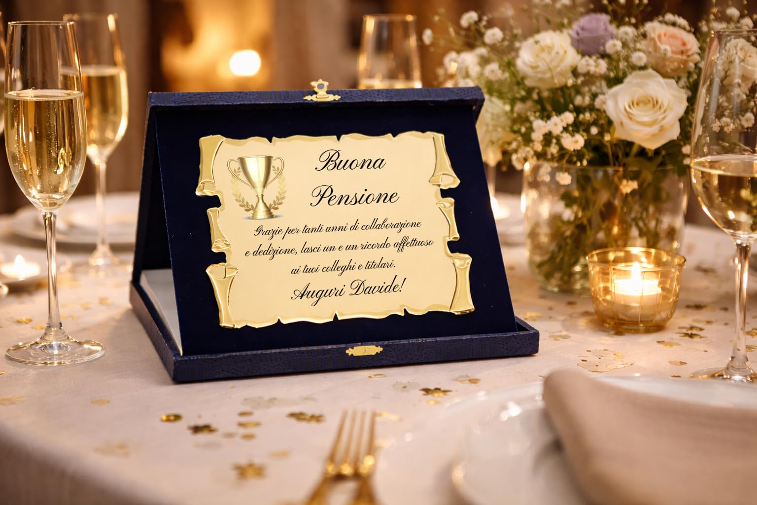 Targa Regalo per Pensione Personalizzata | Targhetta per Pensionato o Pensionata con dedica Personalizzabile | Congratulazioni per Pensione Pergamena Dorata con Cofanetto Blu