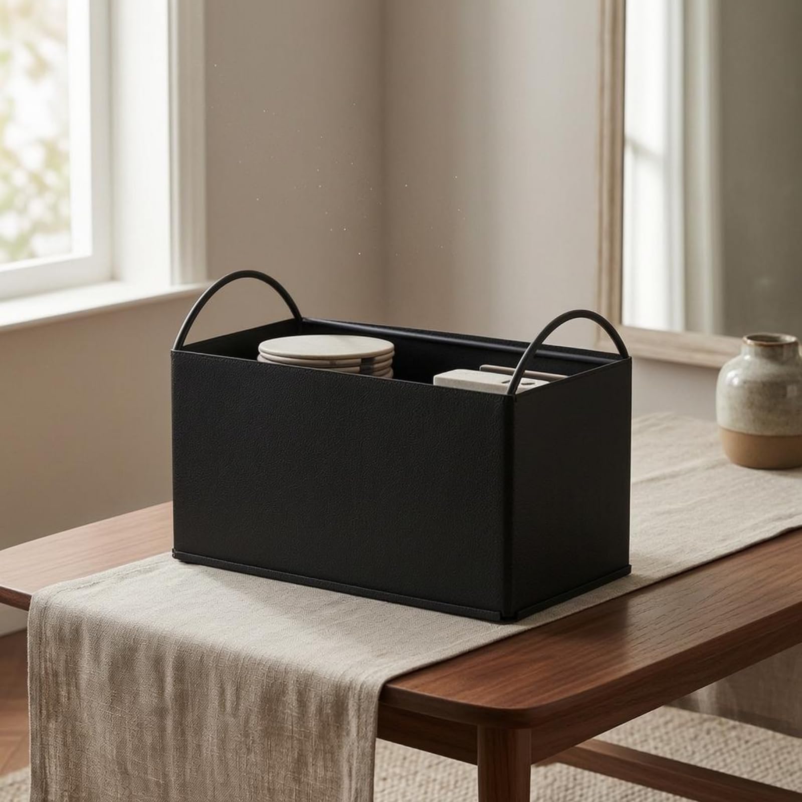 Colcolo Vassoio Portaoggetti Rettangolare Organizer Scrivania Contenitore Cestino Ripostiglio Multiuso in Ferro E Pelle Pu per Accessori E Cancelleria Adatto per Studio, Marrone