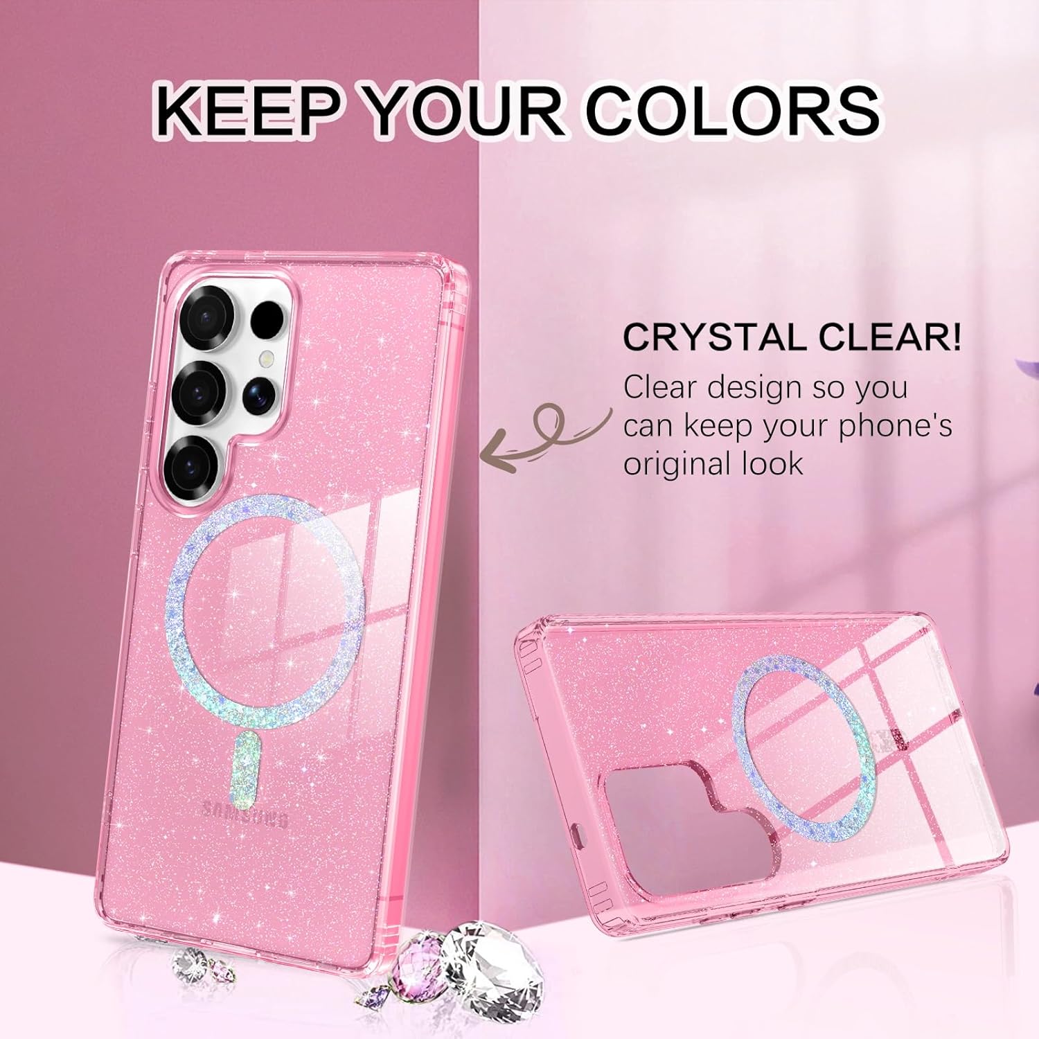 BENTOBEN for Samsung S25 Ultra Case Clear Glitter, Galaxy S25Ultra Magnetic Phone Case [Compatible with MagSafe] Shockproof S25 Ultra 6.9-inch Cute Cover for Women Girl, Shine Hot Pink Glitter - Image 2