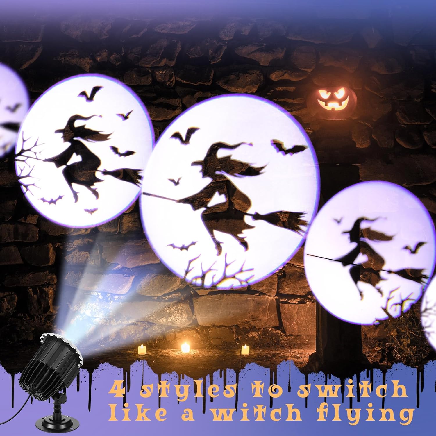 Halloween Projector Light with 1 Film Slides Holiday LED Projector Lights Outdoor Reflectors Waterproof Landscape Decorative Rotation Lighting Movement Projection Lamp(Witch)
