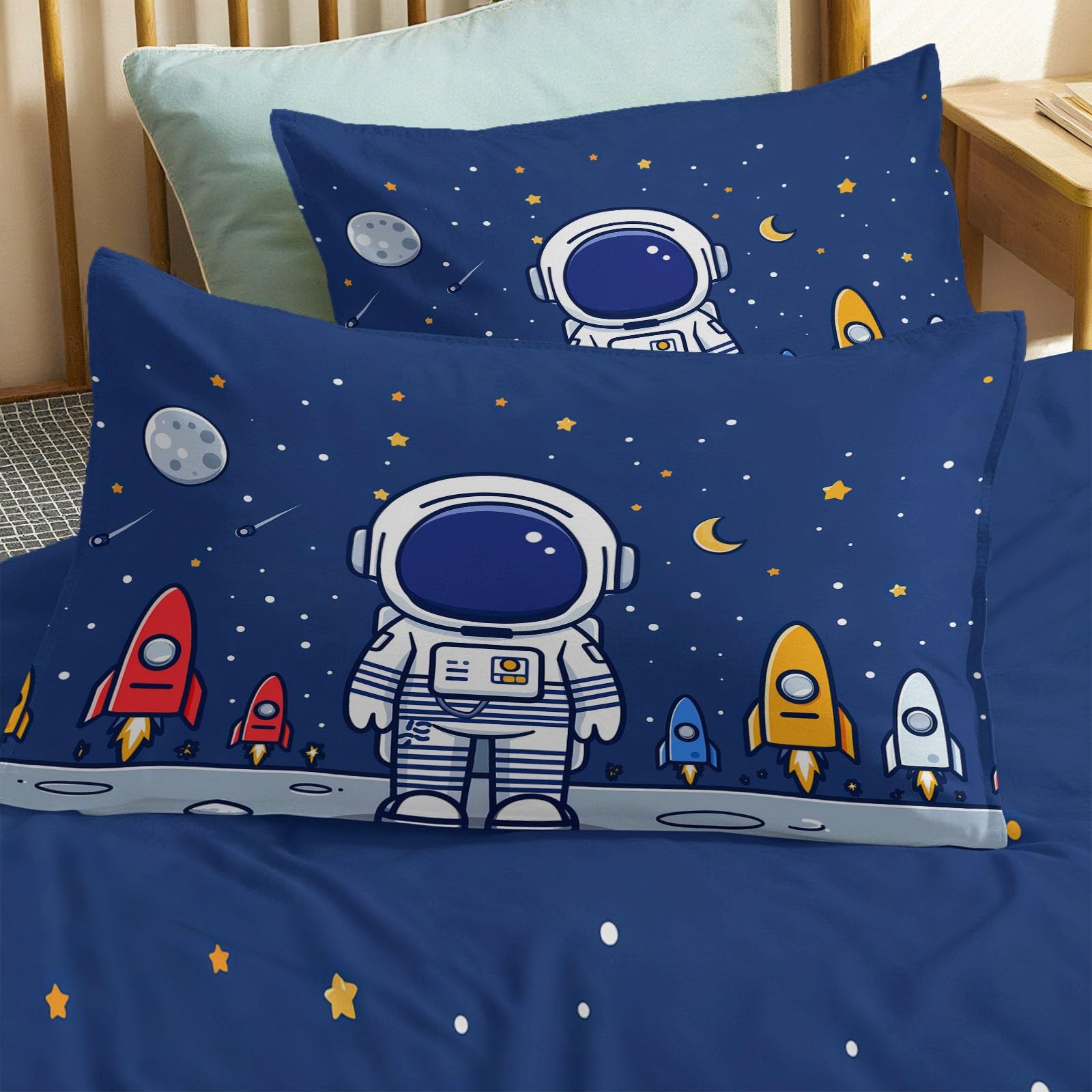 3-częściowy zestaw dwustronnej pościeli dla dorosłych 2 osób, kreskówkowy astronauta księżyc planeta poszwa na kołdrę zestaw pościeli z mikrofibry dla dzieci 140 x 200 cm, z 2 poszewkami na poduszki