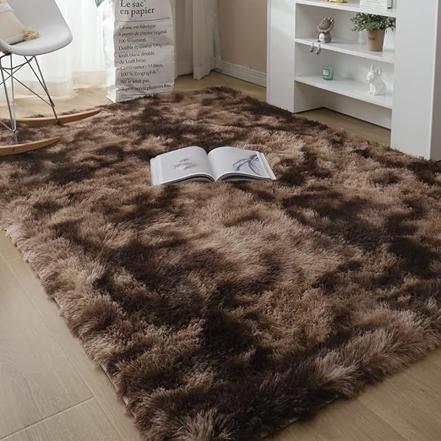 CULKET Area Rugs Soft Fluffy Living Room Carpets Non-Slip Bedroom Rug Shaggy Floor MatsTie-dye Rugs for Modern Indoor Home Floor Carpets Coffee 2x4ft(60x120CM)