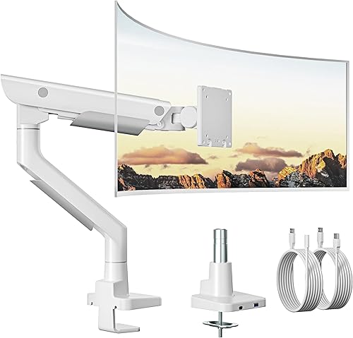 monTEK Elegante brazo de monitor de aluminio para pantallas ultraanchas de 17 a 57 pulgadas de hasta 59 libras, USB 3.0 AC, soporte de escritorio