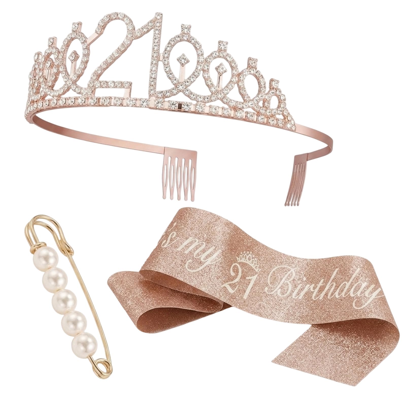 JNGTKL 21st Birthday Decorations for Her, Rose Gold Birthday Crown and Sash Set, Elegant Party Accessories for Milestone Celebrations, Photo-Ready Tiara and Shoulder Sash Combo