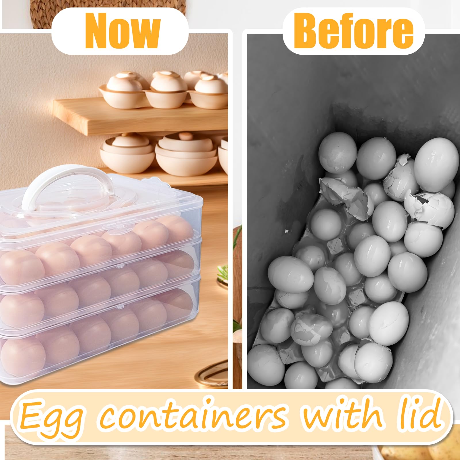 Jgalnim Bandejas de huevos rellenos de 3 capas con tapa, transportador de huevos de plástico para refrigerador con asa para 72 huevos, bandeja de almacenamiento transparente para huevos de diablo,