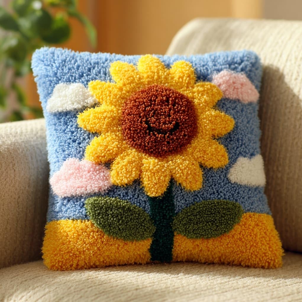 WallustrioaW Latch Hook Pillow Case Kits,Sunflower Flowers