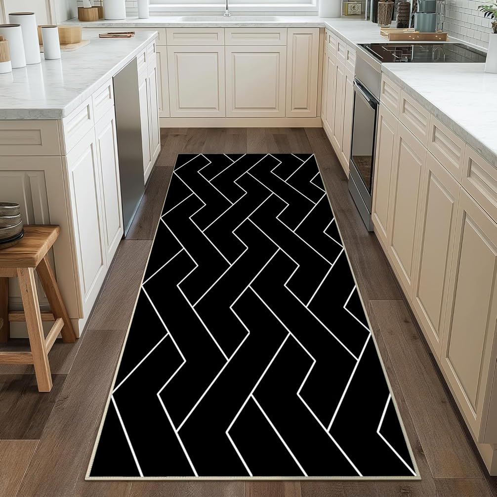 Tappeto Passatoia Antiscivolo Tappeto Corridore Lungo Nero, Bianco Lavabile in Lavatrice Tappeti Runner Passatoia per Soggiorno Camera da Letto Entrata Bagno，100 x 150 cm,Geometrici Moderni