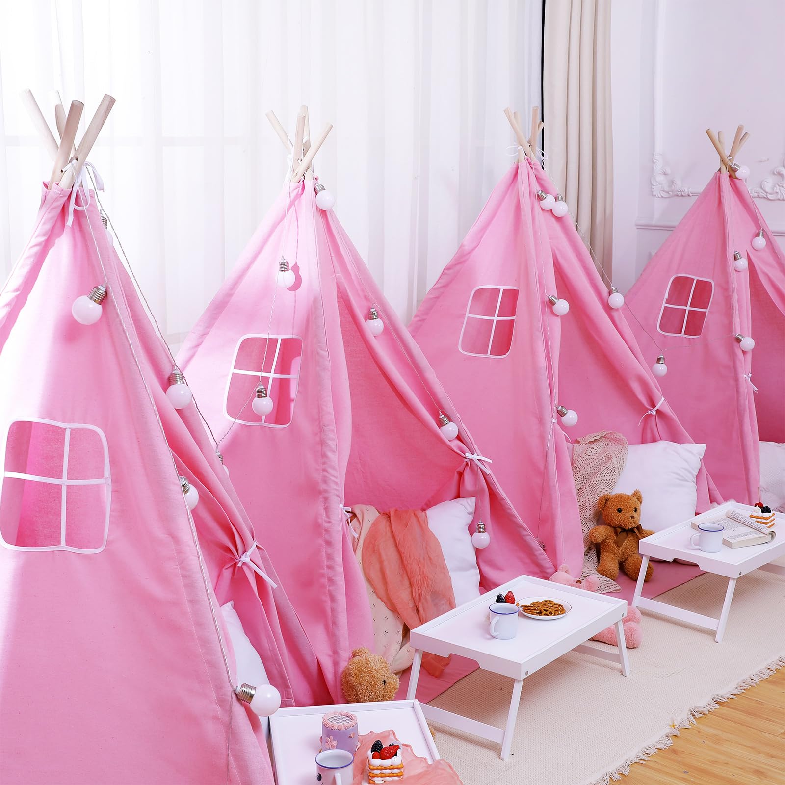 Windyun 4 Pack Teepee Tents for Kids, Play Tipi Tent for Children Boys Girls, Indoor Outdoor Toddler Sleepover Tents Foldable Washable Cotton Canvas Playhouse for Slumber Party (Pink,63 Inch)