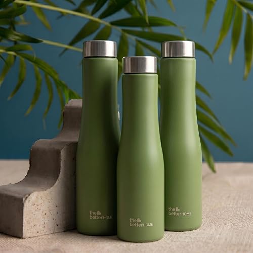 The Better Home Splash Stainless Steel Water Bottle 1 Litre | Leak Proof, Durable & Rust Proof | Non-Toxic & BPA Free | Pack of 3, Military