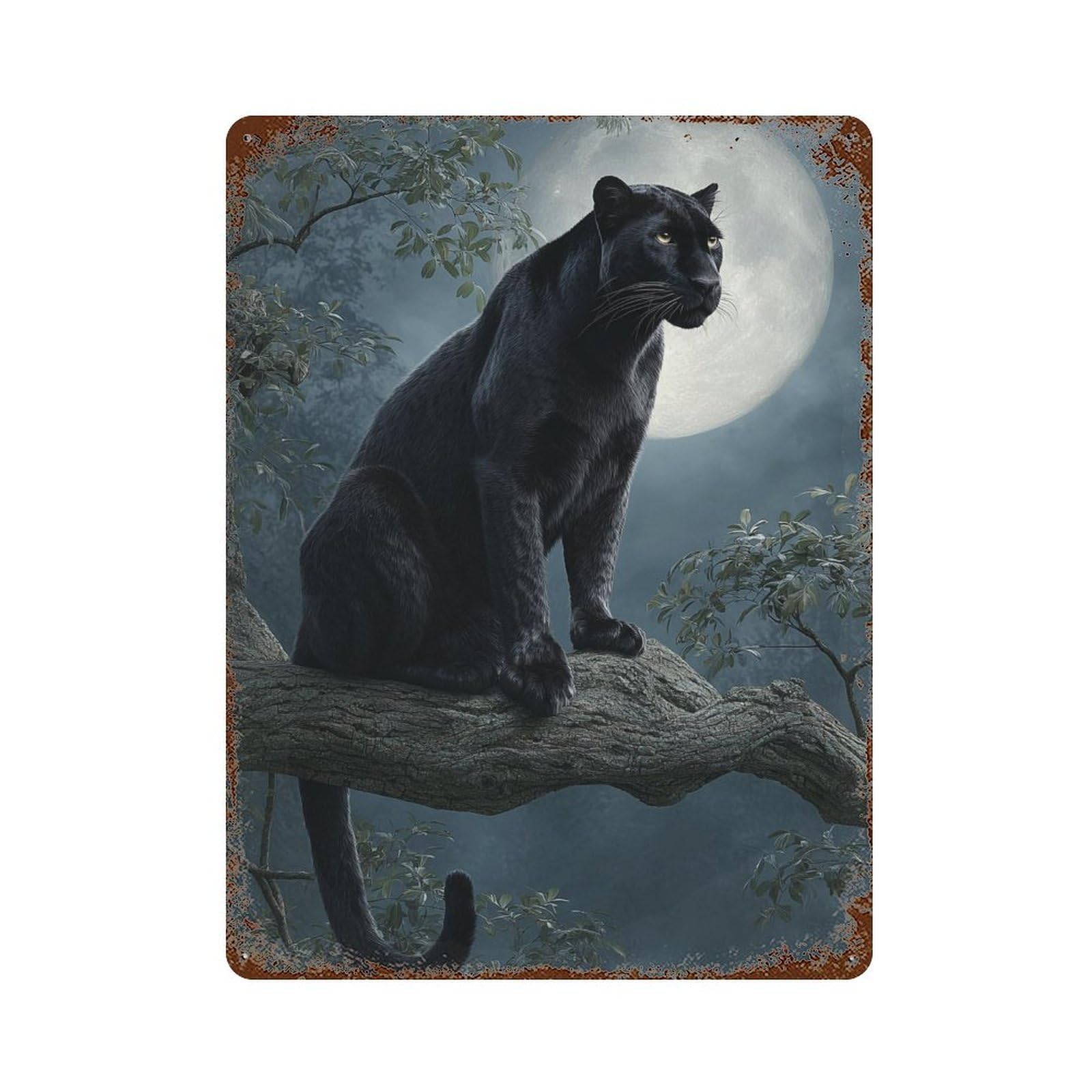 Black Panther Moonlit Tree Branch Weathered Tin Sign 15.7"x11.8", Decorative Metal Wall Art for Garage, Bar And Workshop Decor