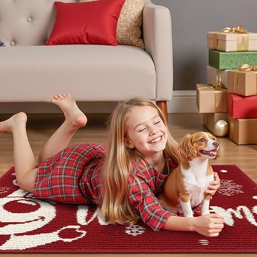 Miniatura 3 de Findosom Felpudo de Navidad, 20 x 32 pulgadas, tapete de bienvenida de Navidad con reno, antideslizante, lavable, de perfil bajo, para puerta