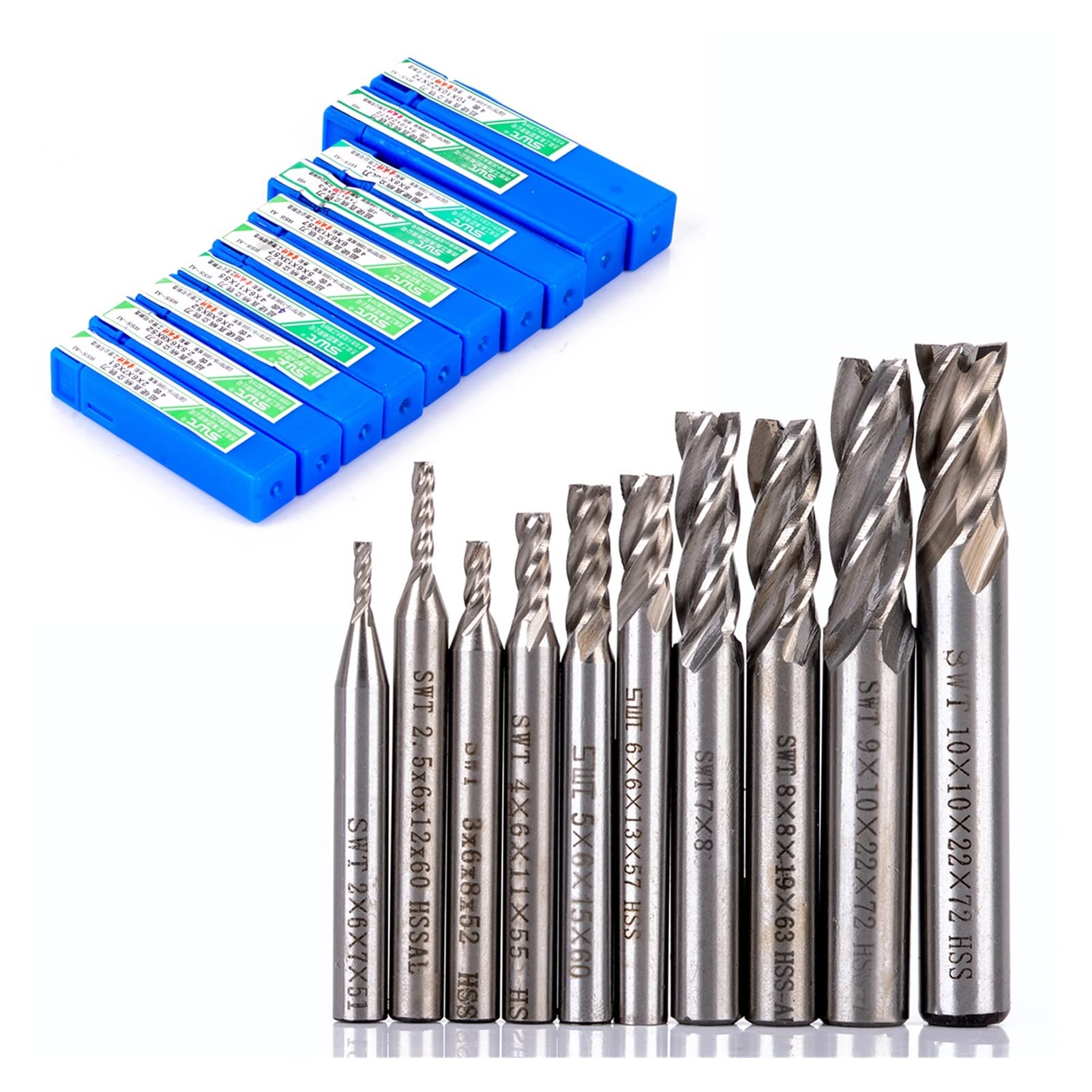 Bohrer Packung von 10. HSS. Aluminium 4 Flöten-Endfräser CNC Werkzeuge Fräsen Bits for Holz aus Kunststoff Aluminium Schneidwerkzeug Mühlen 2-10mm