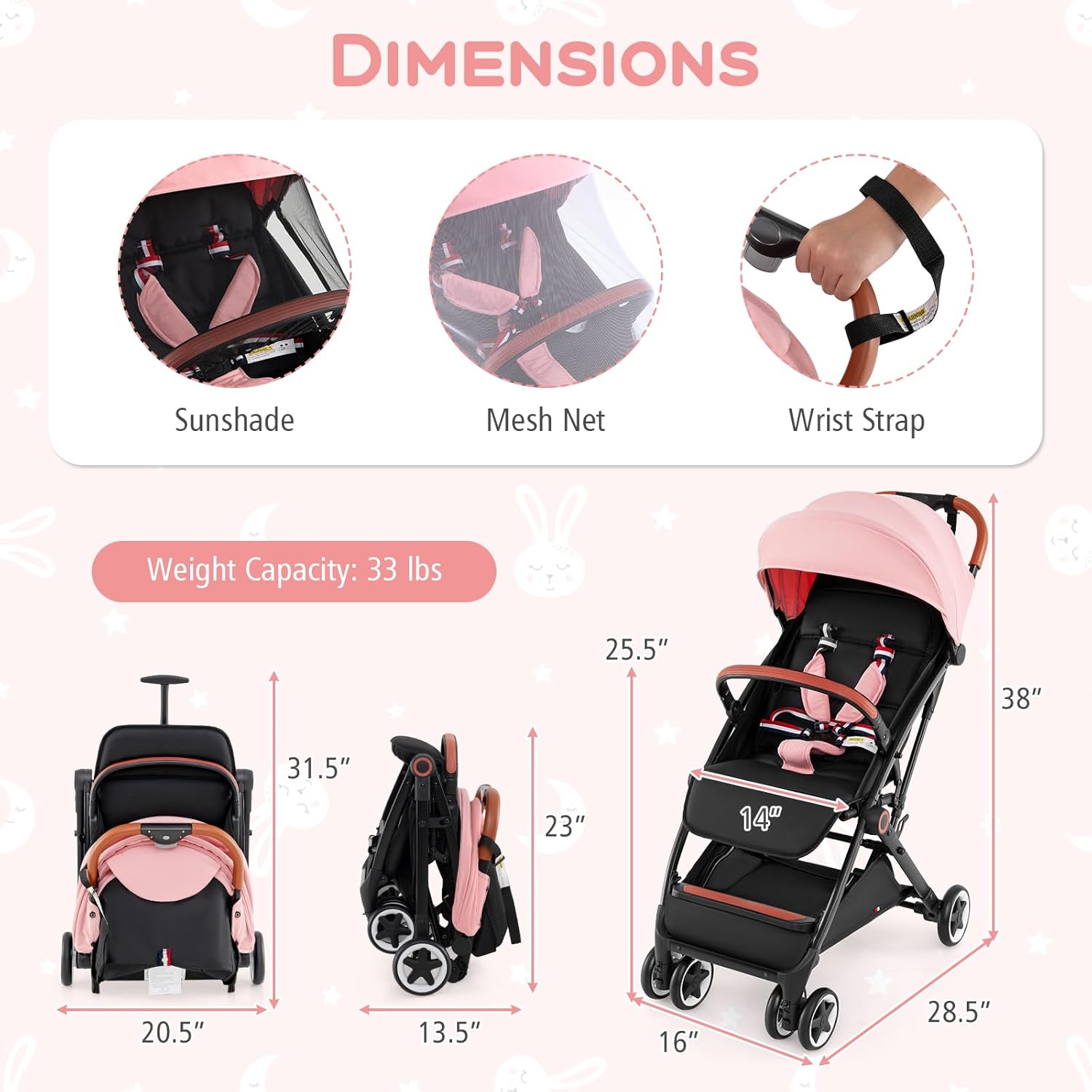 HONEY JOY Travel Stroller, One-Hand Quick Fold Lightweight Umbrella Stroller for Airplane, Wrist Wrap & Net, Multi-Position Recline, Overhead Friendly Compact Stroller for Newborn and Toddler(Pink)