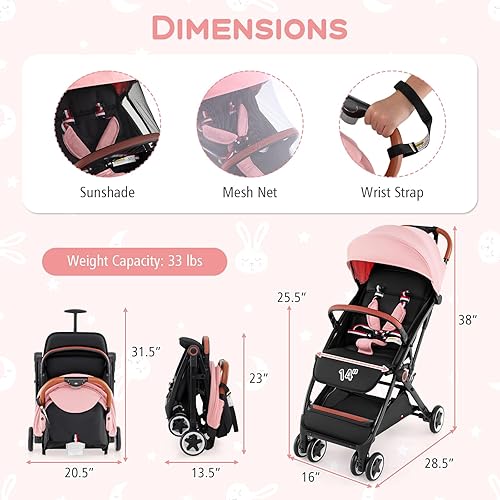 Miniatura 8 de HONEY JOY Cochecito de viaje, cochecito paraguas ligero de plegado rápido con una sola mano para avión, muñequera y red, reclinable multiposición,