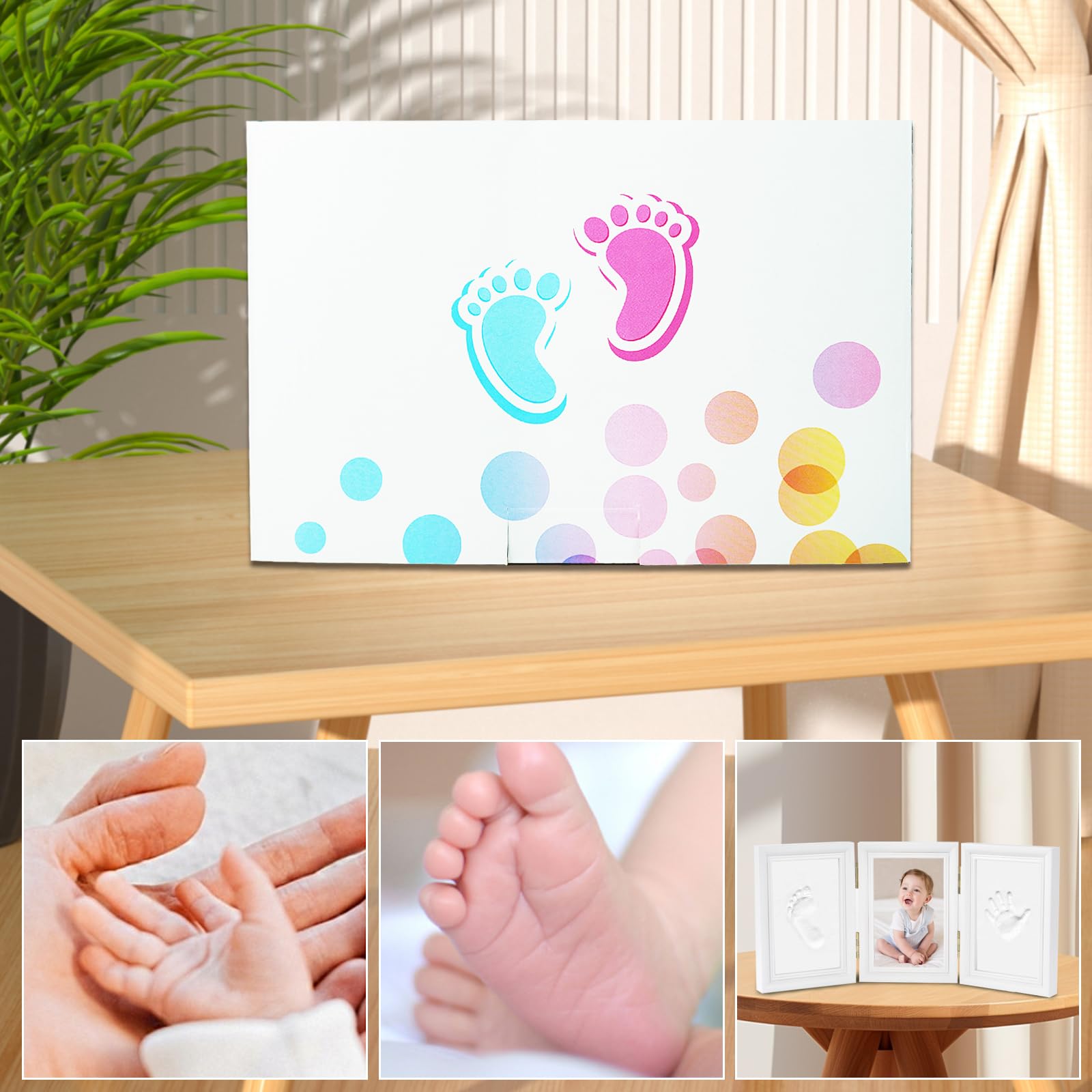 Cadre Empreintes Bébé, Cadre Photo pour bébé Set, Kit Empreinte Pieds et Mains Bebe Support pour 3 Photos, Set Cadeau pour Naissance, Baptême, Baby Party (A1-35x15.5cm)