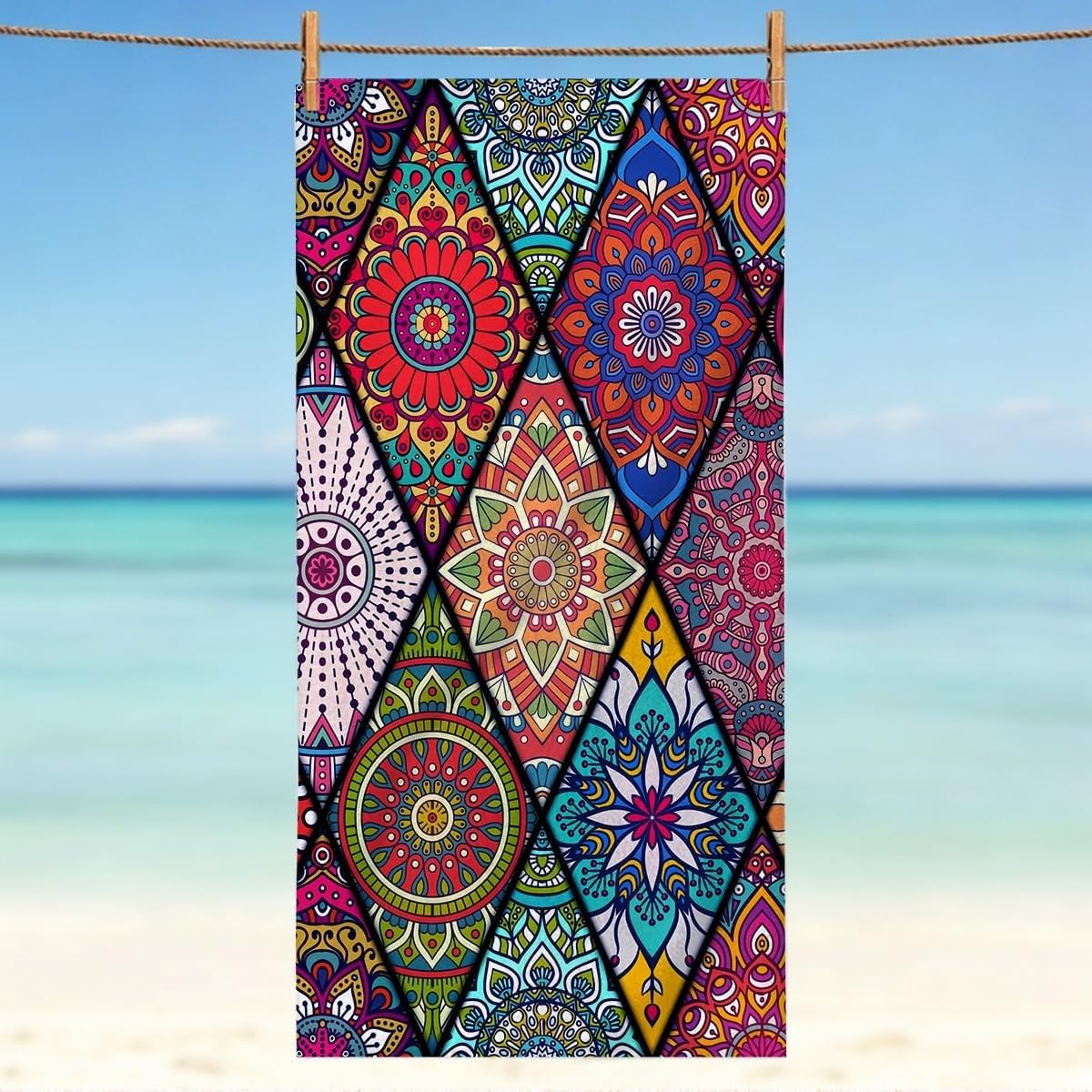YZQGLHP Bohemian Microfibre Beach Towel Patterns Beach Bath Towel Quick Drying, Lightweight, Sand-Free, Durable, for Pool, Gym, Camping, Travel Towel 70x130cm