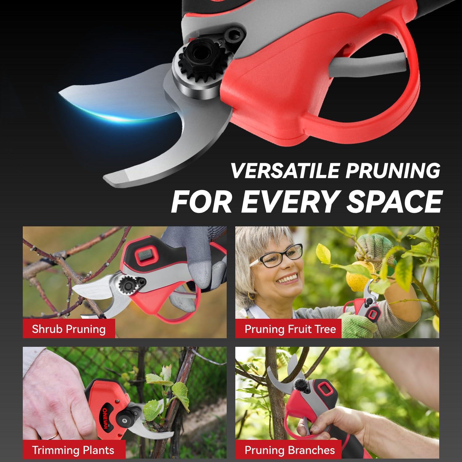 ONEVAN elagueuse sur perche, 4 en 1 coupe branche telescopique avec 2 batteries 4 Ah, mini tronçonneuse sans fil 15 cm + secateur electrique 25 mm (Rouge, Avec 2 batteries)