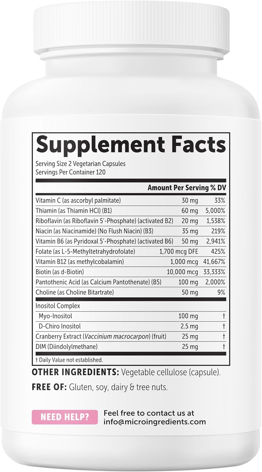 Micro Ingredients Methylated B Complex for Women, 240 Vegetarian Capsules | Activated B Vitamins with Methylfolate, Methyl B12, DIM & Inositol Complex | 14-in-1 Bioactive B Vitamin Formula