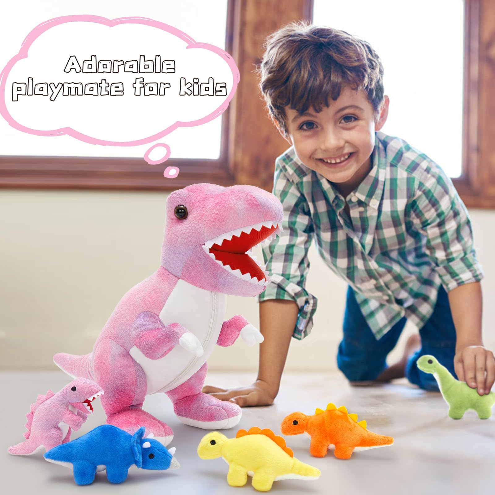 MorisMos Big Dinosaur Teddy Stuffed Animal, 50cm Pink Cuddly Fluffy Mom with 5 Babies Inside, Large T-Rex Soft Toys Kawaii Dino Present for Kids Birthday Christmas Deco — view 5