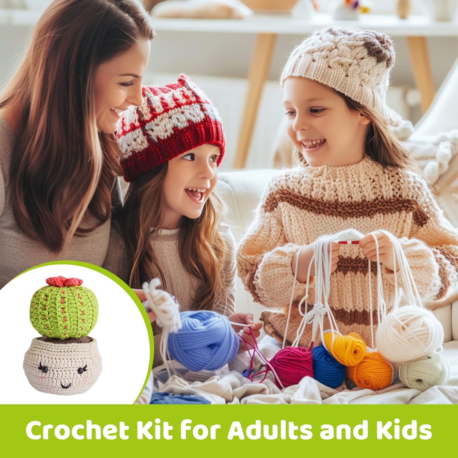 CQCLUZQI Crochet Kit for Beginners, 4 Cute Cactus Family Crochet Kit Step-by-Step Video, Beginner Crochet Kit for Adults & Kids DIY Knitting Supplies (Cactus Family)