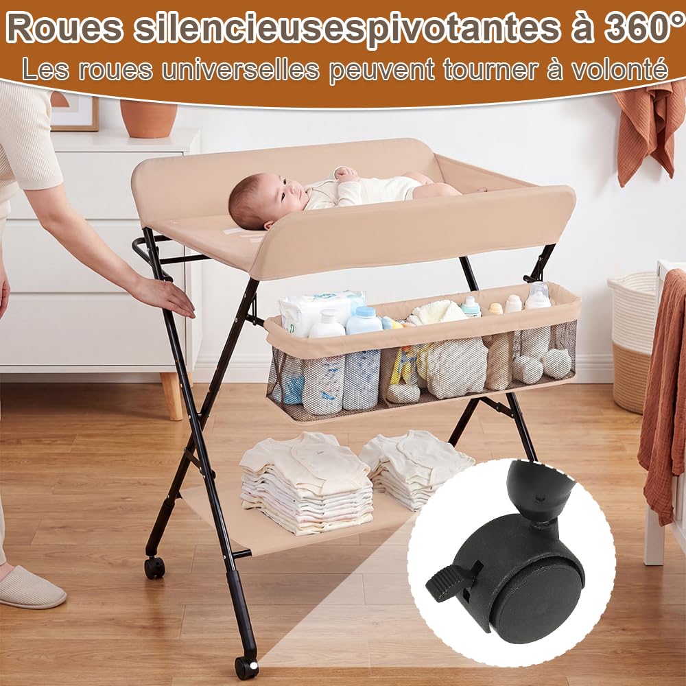Table à Langer Pliable Bebe, Table a Langer Pliante avec Ceinture de Sécurité et Panier de Rangement, Hauteur Réglable en 3 Positions, Commode à Langer Portable, Charge 25KG(80 * 66 * 98cm, Abricot)