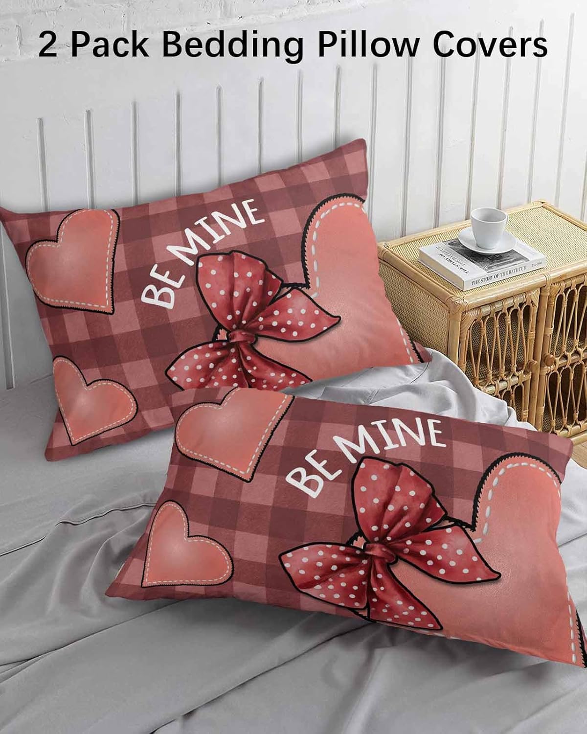 Bow Heart Standard Pillow Cases Set of 2, Soft Breathable Pillow Covers with Envelope Closure Decorative Pillow Shams for Bed Sofa Couch Chair Valentines Day Pink Buffalo Plaid 2 Pack 20"x26"