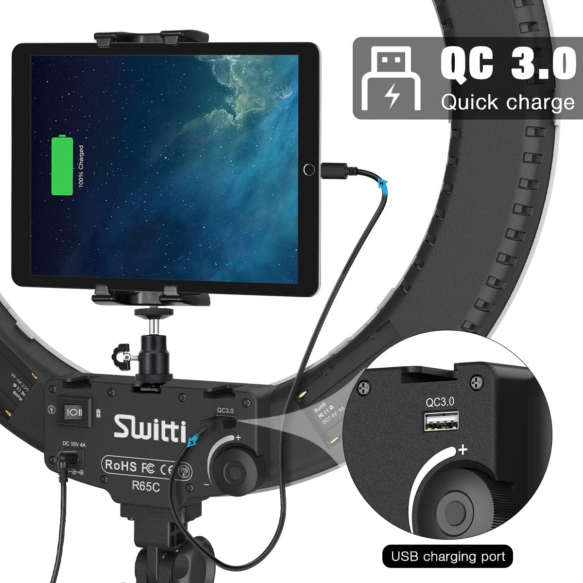 New Deal Switti Ring Light with Stand and ipad & Phone Holder,Makeup LED Ring Lights 60W Bi-Color 3000K-5800K CRI≥97 & TLCI ≥99 for YouTube, Facebook Live,Twitch and Blogging (Black)