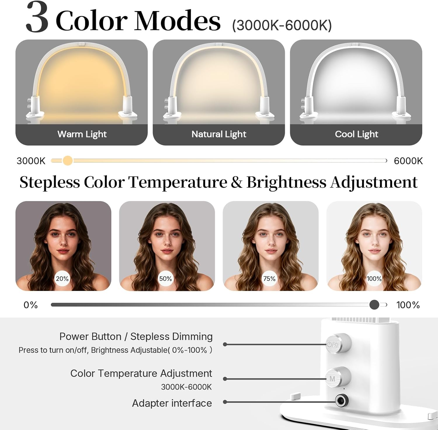 Half Moon Light for Nail Desk, Portable Nail Light for Desk with Phone Holder, Stepless Adjustment of Brightness and Color Temperature, Desk Lamp for Nail Tech, Eyelash, Tattoo, Makeup (White)