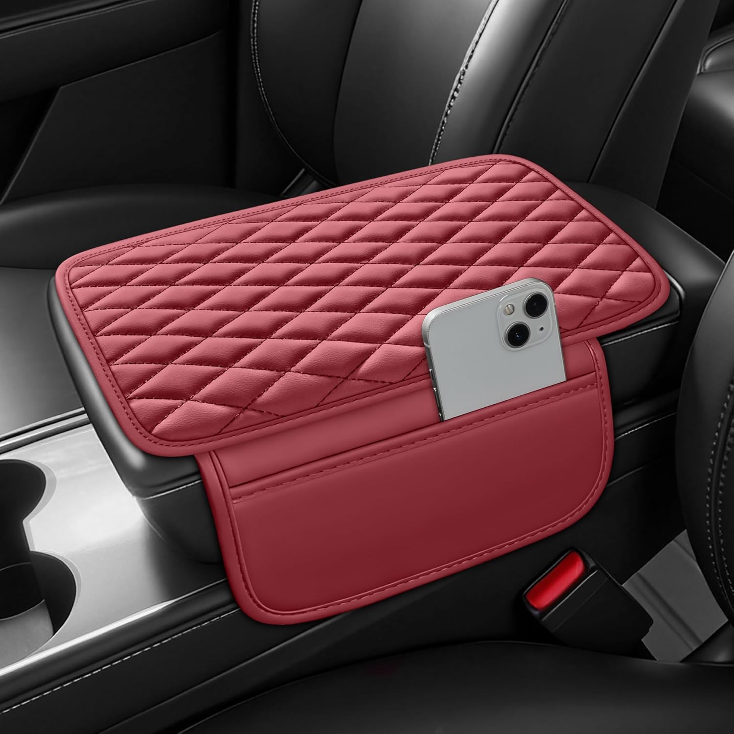 Waterproof Leather Car Center Console Pad with 2 Storage Bags, Auto Armrest Box Cover Protector, Comfortable Interior Accessories for Most Household Cars, Sedans & SUV (Pink)