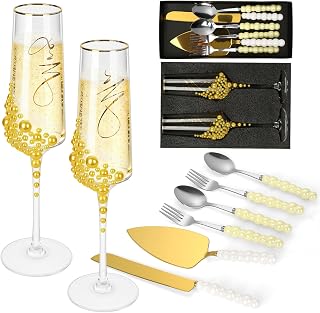 8 PCS Wedding Cake Knife and Champagne Flutes Server Set, Mr and Mrs Champagne Flutes with 2 Forks and Spoons, Bride and Groom Champagne Glasses for Wedding, Engaggement and Bridal Shower Gifts(Gold)