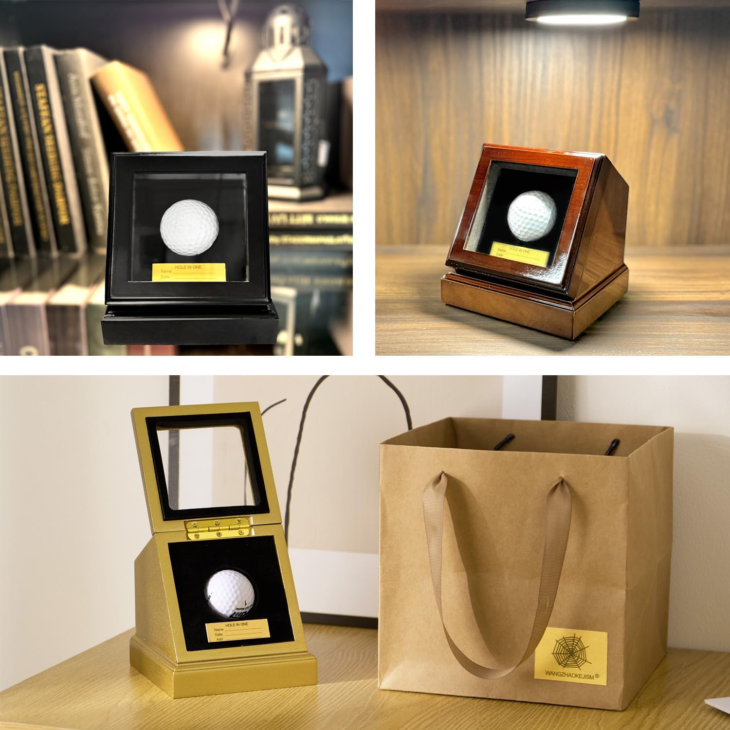 Hole in one Golf Ball Display case,writable Gold nameplate,Crafted with Premium Wood Composite and Thick Glass (Gold)