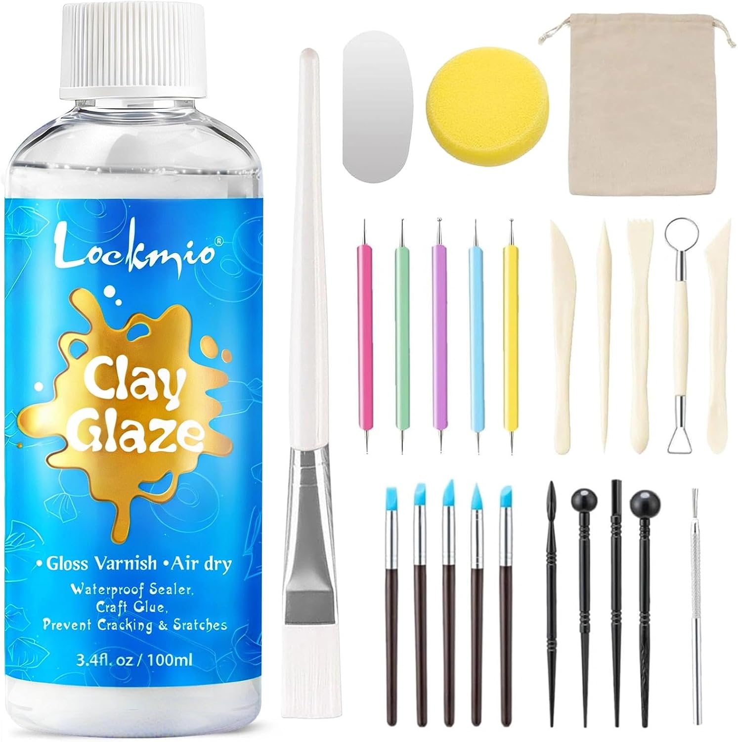 3.4FL OZ Air Dry Clay Glaze & 25pcs Tool Kit, Gloss Clay Varnish Protective Sealant to Prevent Cracking, Scratching & Wear - Pottery Tools for Stippling, Carving, Molding & Shaping Clay Crafts (Gloss)