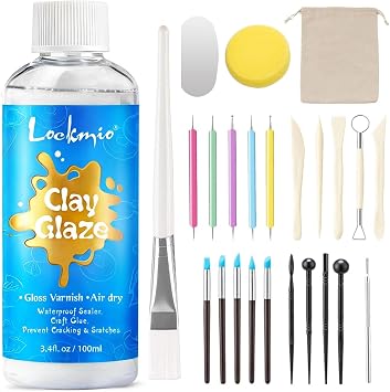 3.4FL OZ Air Dry Clay Glaze & 25pcs Tool Kit, Gloss Clay Varnish Protective Sealant to Prevent Cracking, Scratching & Wear - Pottery Tools for Stippling, Carving, Molding & Shaping Clay Crafts Gloss