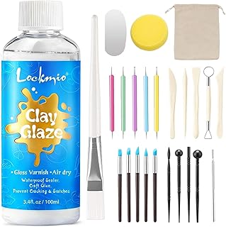 3.4FL OZ Air Dry Clay Glaze & 25pcs Tool Kit, Gloss Clay Varnish Protective Sealant to Prevent Cracking, Scratching & Wear - Pottery Tools for Stippling, Carving, Molding & Shaping Clay Crafts (Gloss)