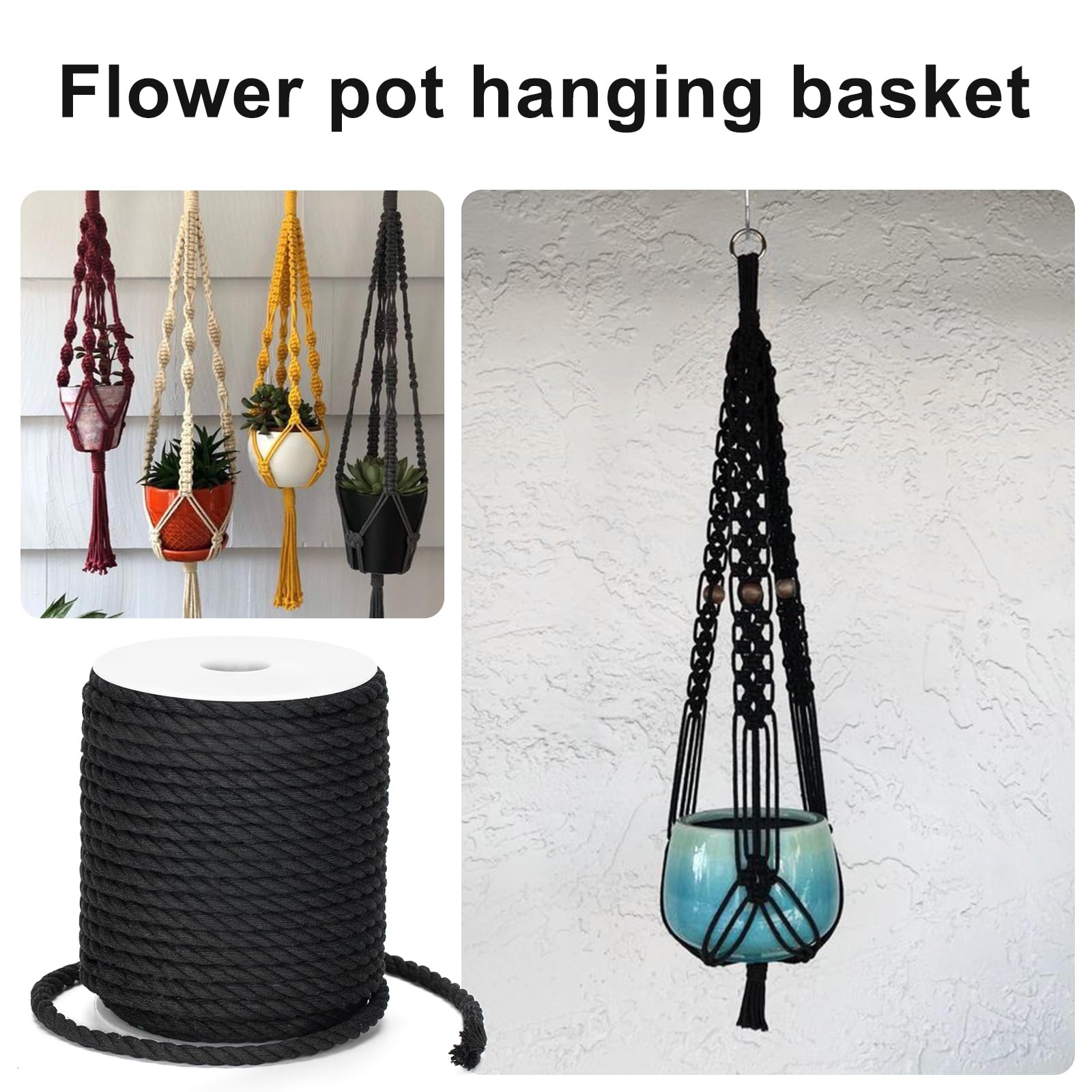 KINGLAKE Cuerda de algodón suave negra de 8 mm, 20 m, cuerda trenzada gruesa para manualidades, tendedero de lavado, colgar en la pared, colgador de plantas, jardinería, decoración, reparación de