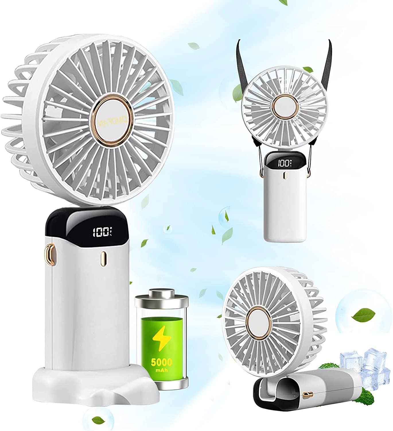MQ Handheld Portable Fan, Quiet Small Window Fan, 5000mAh USB Rechargeable Personal Fan, Battery Operated Small Fan with 5 Speeds for Home Travel Commute Makeup Office (White)