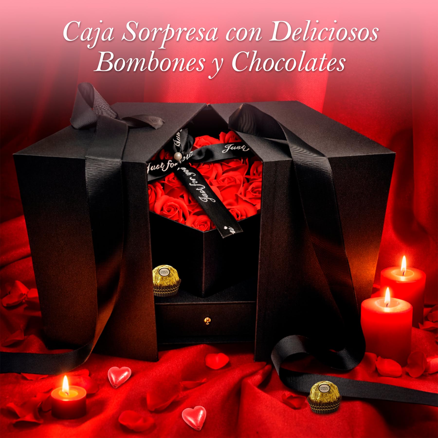 Elegancka szkatułka prezentowa na Walentynki · Zestaw Deluxe z 18 pachnącymi różami i ponad 36 czekoladkami Ferrero Rocher i Lindt Lindor · Szkatułka wielokrotnego użytku