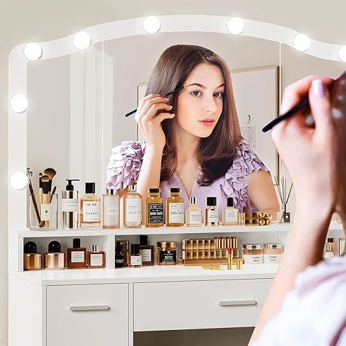 Miniatura 5 de usikey Tocador de maquillaje con luces, escritorio de tocador, mesa de maquillaje con 3 cajones, 2 armarios y estante largo de almacenamiento, 10
