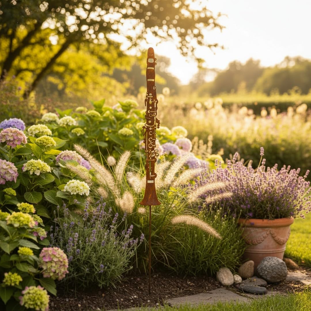 Gartenstecker Klarinette aus Cortenstahl Rostoptik – 110 cm – Wetterfest & Ganzjährig Outdoor – rostige Metall Gartendeko für Beet, Rasen, Terrasse & Balkon – Geschenk für Musikliebhaber