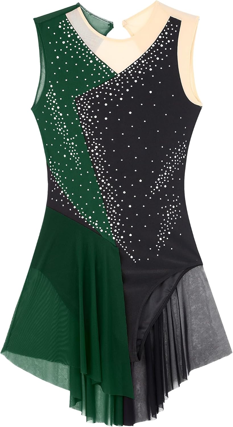 YiZYiF Women's Sparkle Rhinestone Gymnastic Slim Fit Roller Skating Leotard Patchwork Ice Skating Training Dress