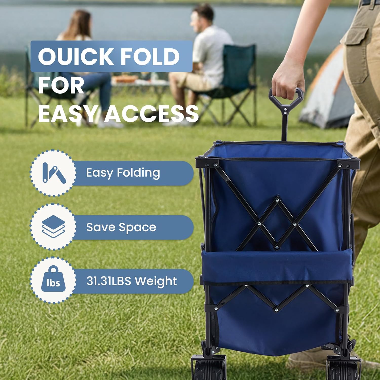 NEWBULIG Large Capacity Folding Double Decker Wagon with Brakes, 440lbs Wagons Carts Foldable Wagon Cart with Flexible Handle, All-Terrain Big Wheels for Grocery Sports Garden Camping