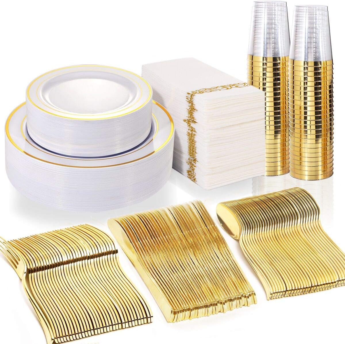 WDF Partyware 50 Guest Gold Plastic Plates with Disposable Cutlery& Gold Plastic Cups-Party Plates and Napkins sets for Wedding&Parties