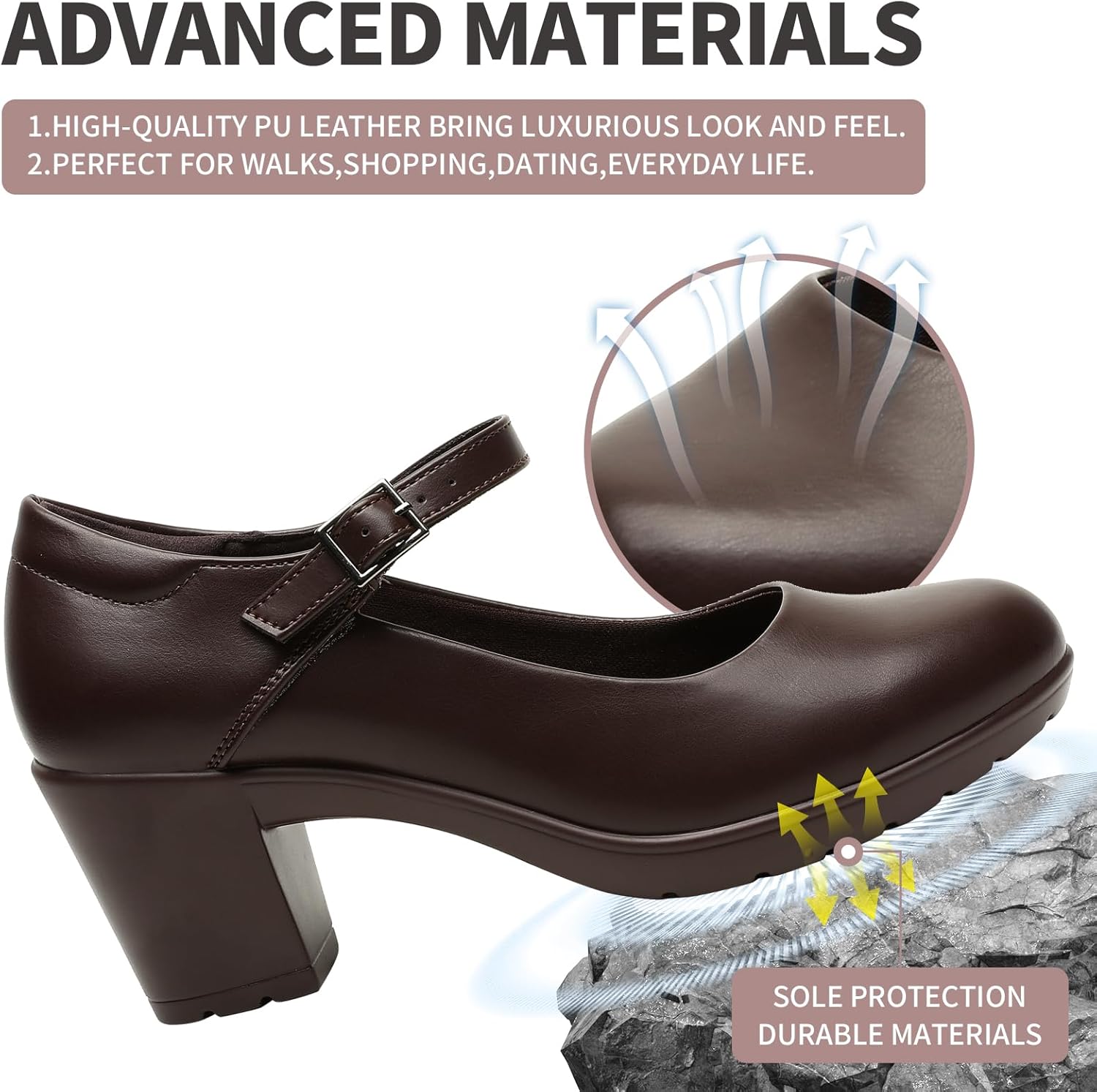 Womens Mary Jane Dress Shoes Chunky Low Block Heels 7CM Closed Toe Work Platform Pumps Dressy Orthopedic for Business Flight Wedding Office Ankle Strap Leather Casual Comfort with Arch Support - Image 3