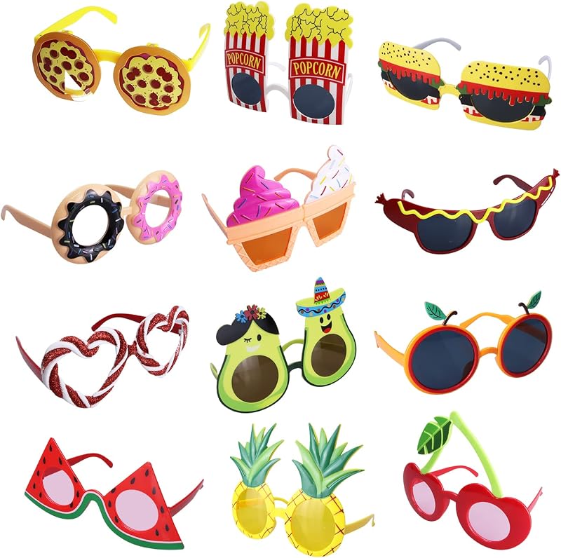 Divertidas lentes de sol Luau Donut Party – Paquete de 12 lentes novedosas máscaras de lentes de fiesta tropicales, accesorios divertidos para fotomatón para suministros de fiesta temática de verano, pizza, helado, frutas, lentes de sol divertidas