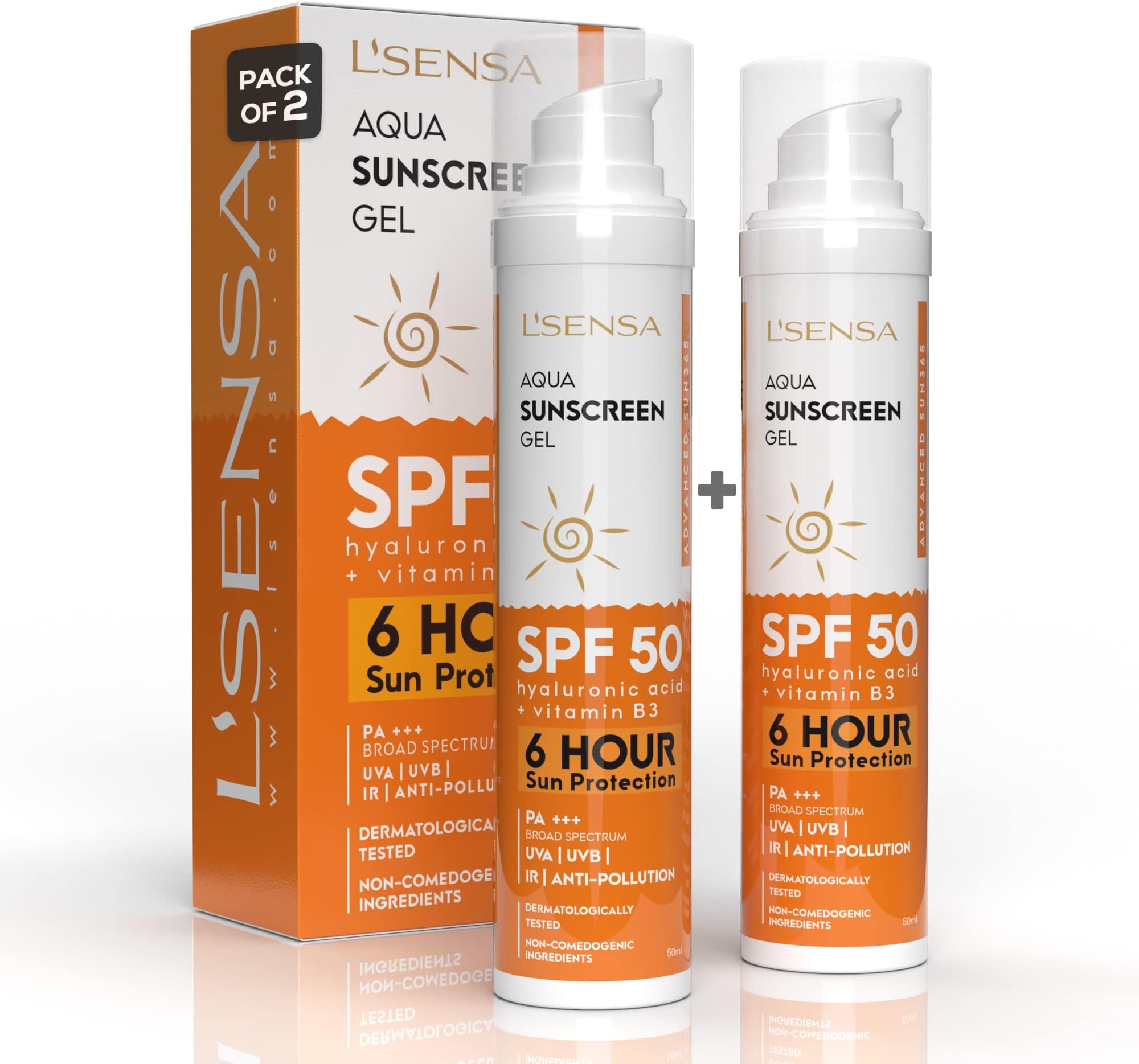 L'SENSA Sunscreen SPF 50 P+++, (Pack of 2) 6hr Sun Protection & Waterproof, Made with Korean Technology, Free from Oxybenzone, For Oily, Sensitive & Ace Prone Skin, Make-Up Friendly For Women & Men