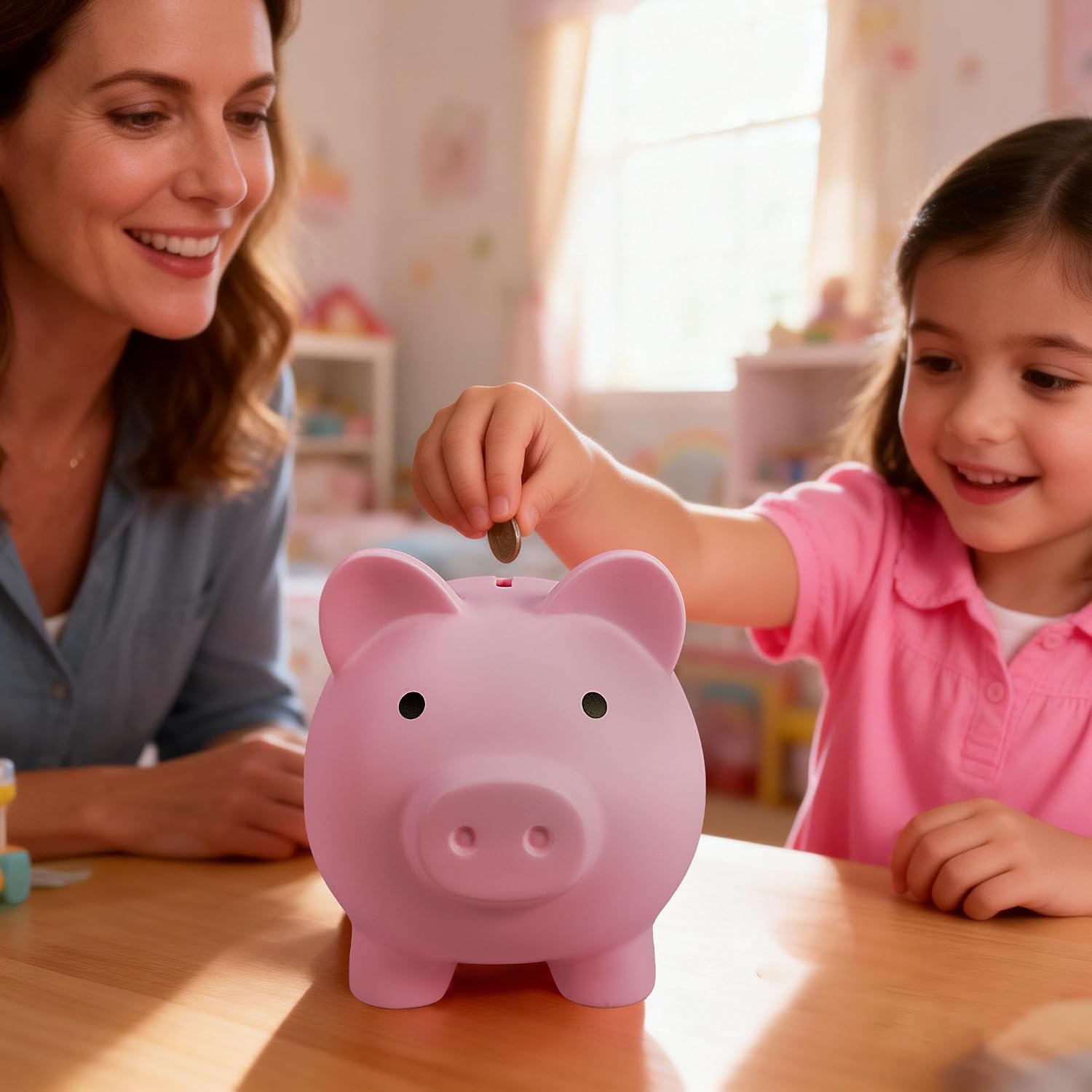 Pink Cute Large Biggy Bank, 5.51 x 4.72 x 5.12 inches Sturdy Plastic Piggy Bank for Kids and Adults, Savings Box for Paper Money and Coins Perfect for Little Savers Makes Super Gifts for Kids