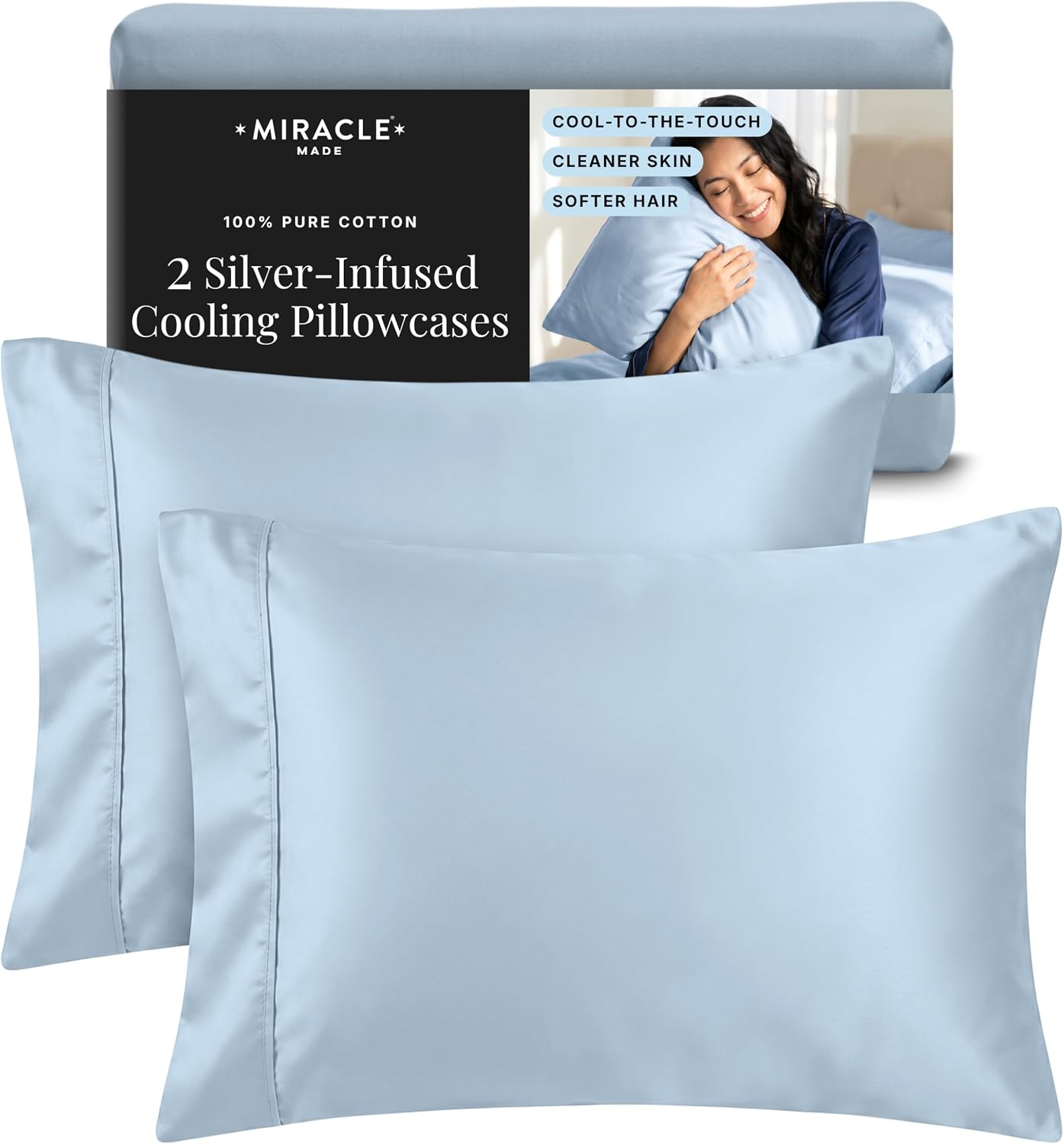 Miracle Made Soft, Breathable Cotton Pillowcase Set, 2-Piece – Silver-Treated, Cool-to-the-Touch Covers for a Fresher-Feeling Sleep Surface – King/Cali King Size, Slate Blue