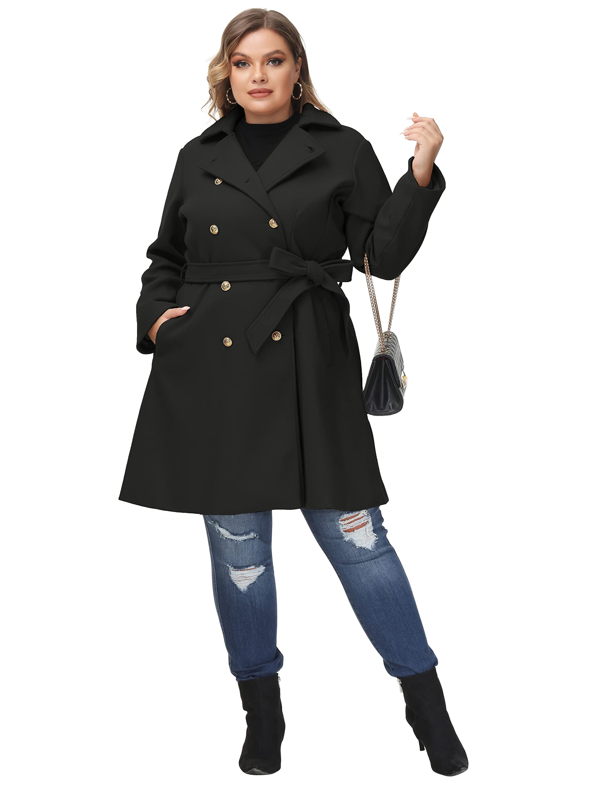 Hanna Nikole Abrigo de lana para mujer, talla grande, doble botonadura, abrigo de invierno con cinturón de bolsillo, cortavientos midi de manga larga